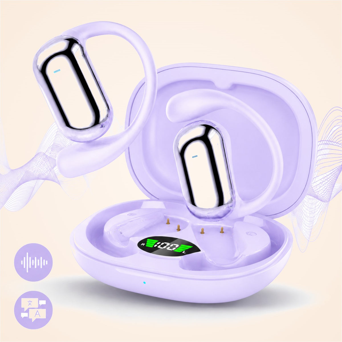 Căști open-ear cu traducere AI în 144 de limbi, display LED, Mov