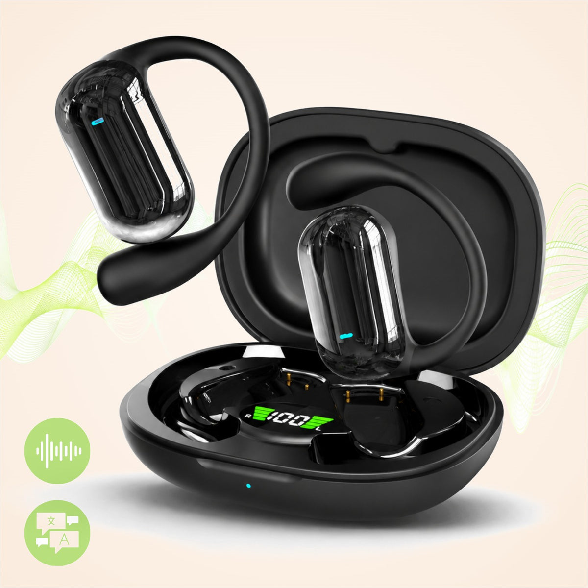 Căști open-ear cu traducere AI în 144 de limbi, display LED, Negru
