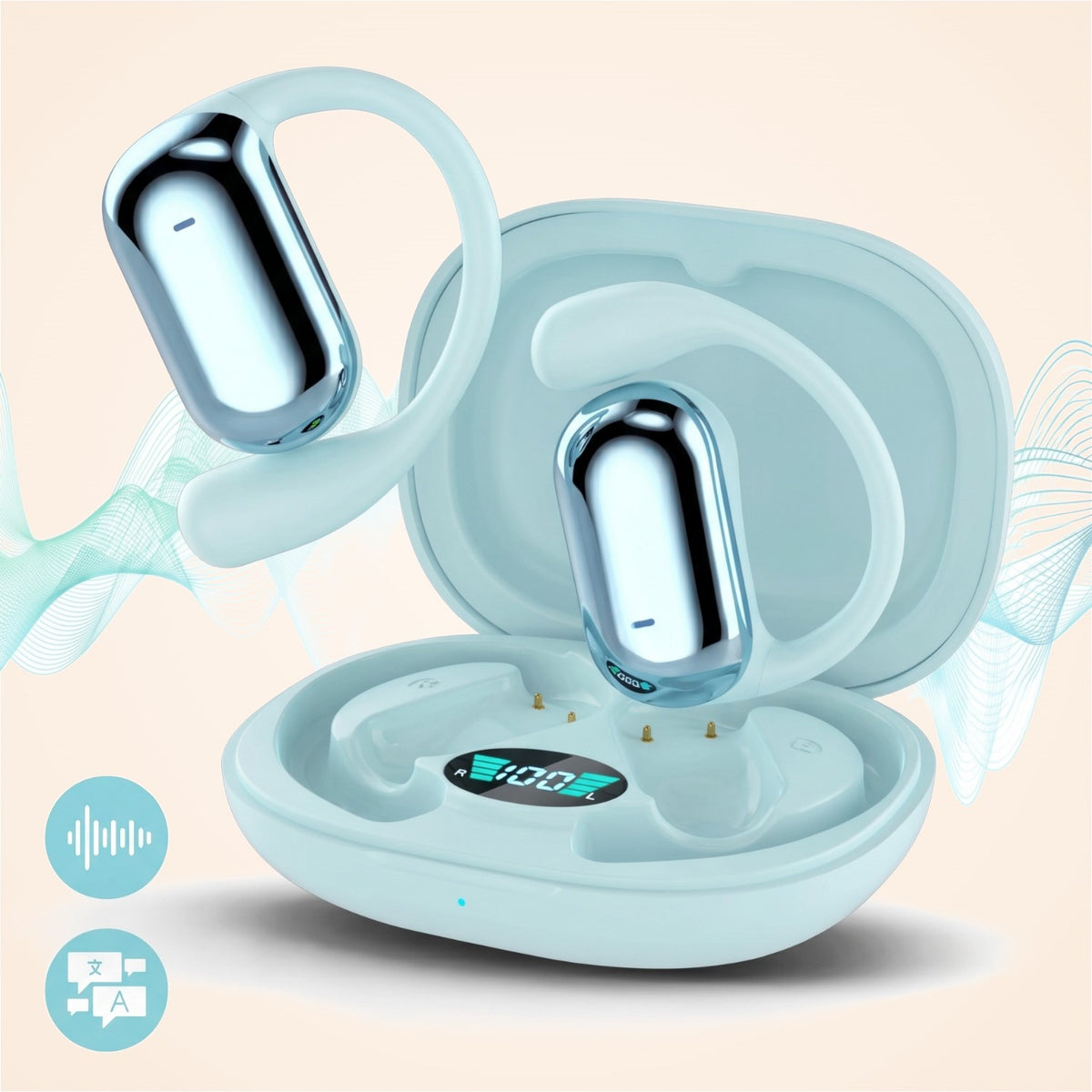 Căști open-ear cu traducere AI în 144 de limbi, display LED, Albastru