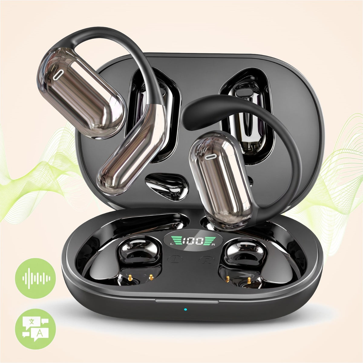 Căști open-ear cu traducere AI în 144 de limbi, display LED, Negru-gri
