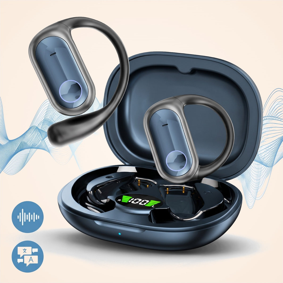 Căști open-ear cu traducere AI în 144 de limbi, display LED, Albastru safir