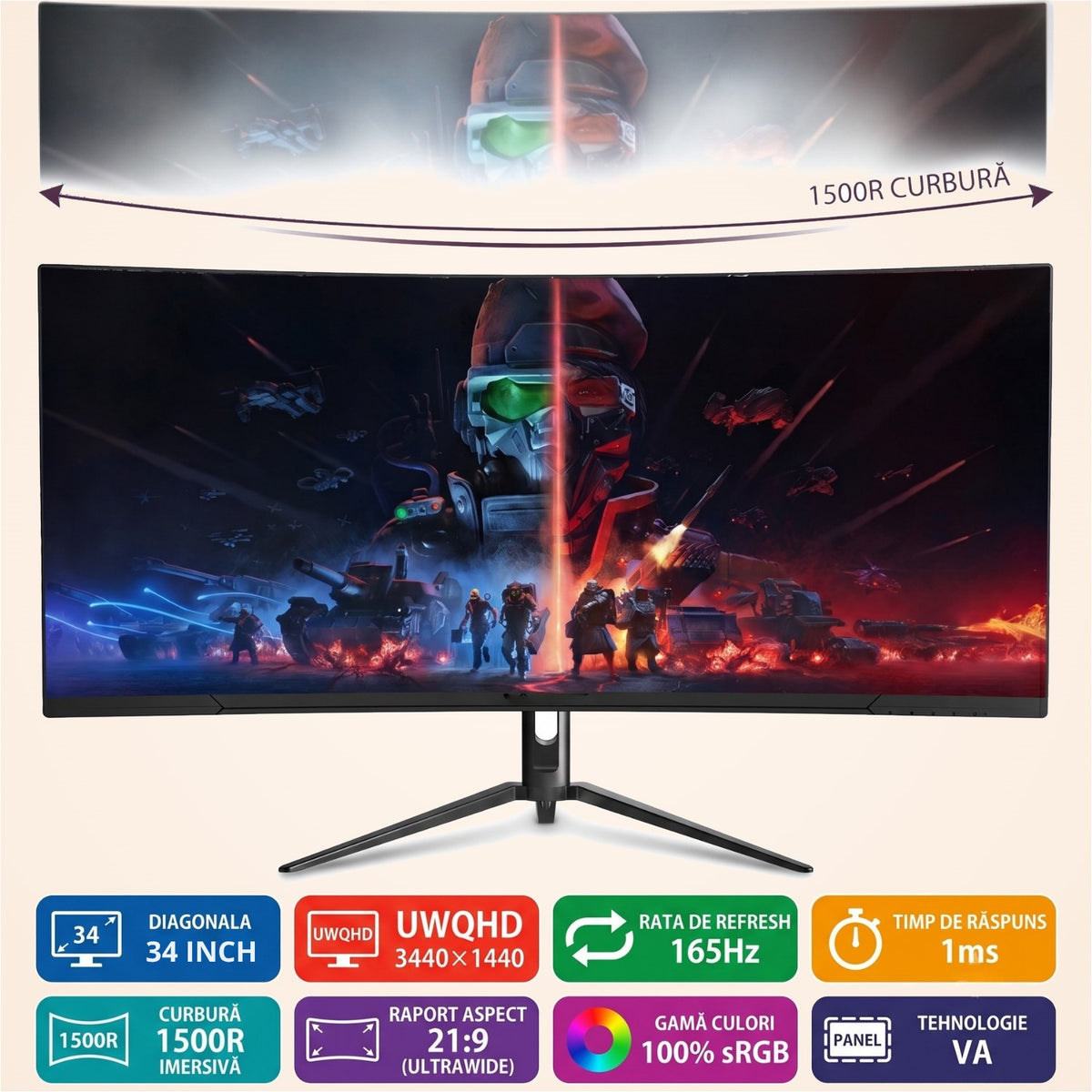 Monitor gaming curbat ultrawide 34 inch UWQHD, 165 Hz