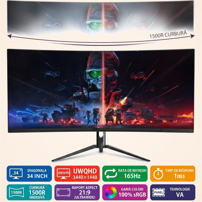 Monitor gaming curbat ultrawide 34 inch UWQHD, 165 Hz