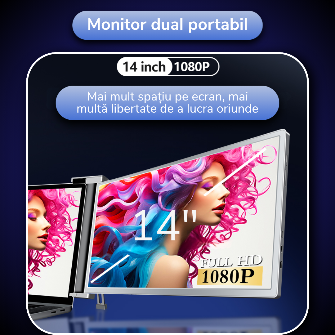 Monitor extensibil, portabil, pentru laptop, 14 inch